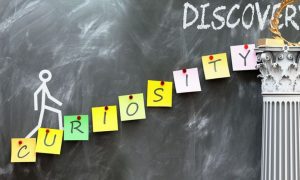 Post-It Notes Spell Out Curiosity As Stick Figure Walks Up Towards Discovery All on Chalkboard
