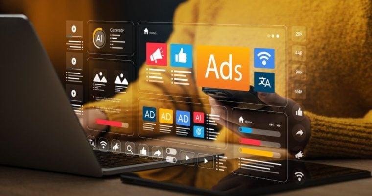 Woman Holds Cell Phone While Sitting in Front of Laptop with Digital Ads Overlay