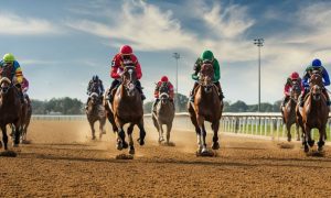 Horses and Jockeys Compete In A Race on Dirt Track
