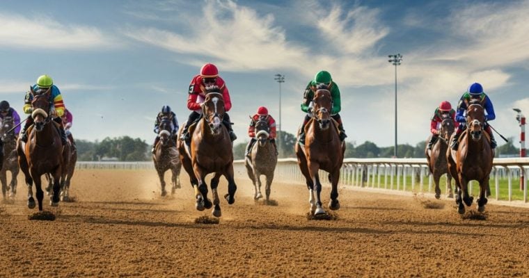 Horses and Jockeys Compete In A Race on Dirt Track