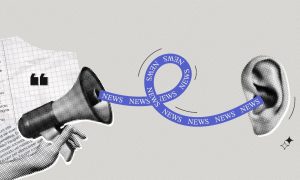 Trendy Halftone Collage of Hand Holding Megaphone and Listening Ear
