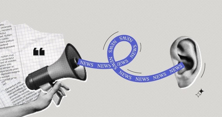 Trendy Halftone Collage of Hand Holding Megaphone and Listening Ear