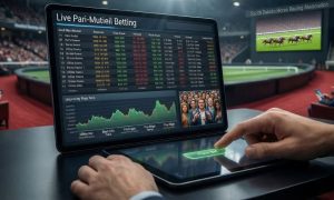 Live Parimutuel Betting Seen On a Computer While Man Watches Live Horse Race