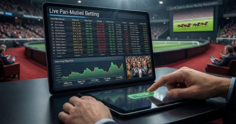 Live Parimutuel Betting Seen On a Computer While Man Watches Live Horse Race