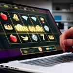 Online Slot Game Displayed on Laptop with Man's Hand Over Keyboard