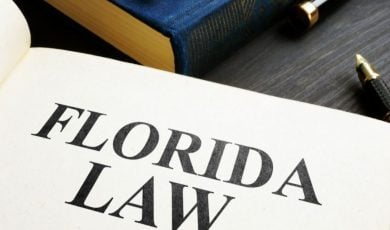 Desk Displays Books, One Open Book Has Florida Law Written Inside