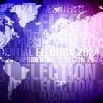 World Map with Presidential Election Text Overlay in Purple, White and Black Colors