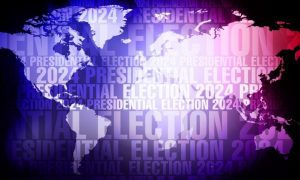 World Map with Presidential Election Text Overlay in Purple, White and Black Colors