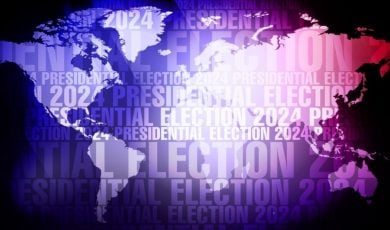 World Map with Presidential Election Text Overlay in Purple, White and Black Colors