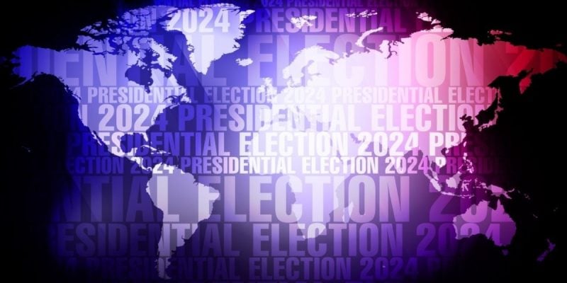 World Map with Presidential Election Text Overlay in Purple, White and Black Colors