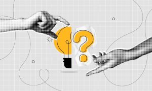 Collage Image of Black and White Hands Stretching Out with Light Bulb and Question Mark