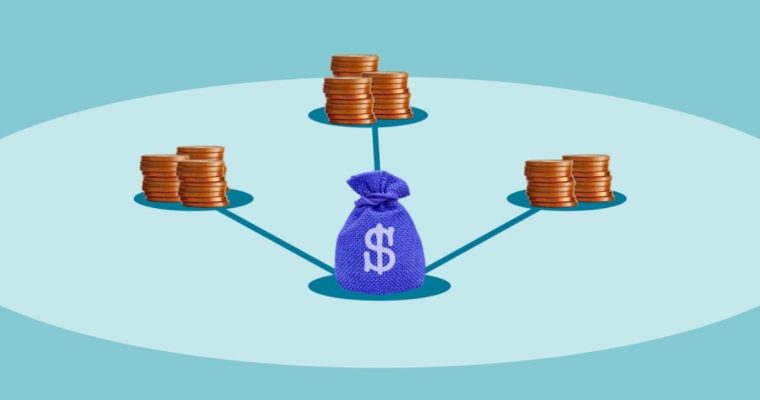 Collage Image Shows 3 Piles Of Copper Coins Point to Blue Money Bag at Center