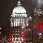 City Street View of Wisconsin State Capitol on Snowy Winter Night