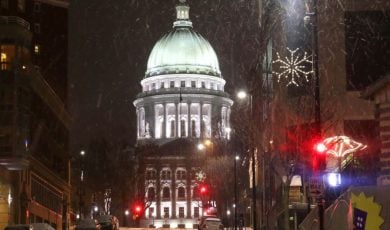 City Street View of Wisconsin State Capitol on Snowy Winter Night