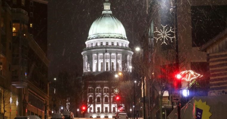 City Street View of Wisconsin State Capitol on Snowy Winter Night