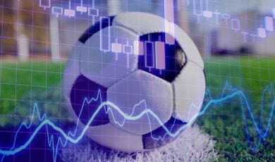 Blue Financial Line Graph Overlays Image of Soccer Ball on Green Grass