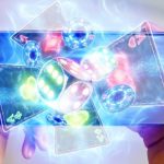 Digital Dice, Playing Cards and Poker Chips Emerge from Cell Phone in a Woman's Hands