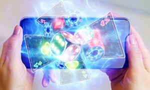 Digital Dice, Playing Cards and Poker Chips Emerge from Cell Phone in a Woman's Hands