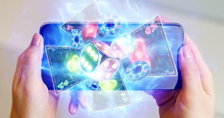 Digital Dice, Playing Cards and Poker Chips Emerge from Cell Phone in a Woman's Hands