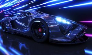 Sleek Silver Race Car Speeding Through Dark Tunnel with Blurred White Lights Background