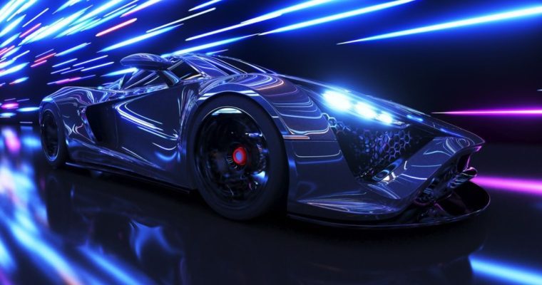 Sleek Silver Race Car Speeding Through Dark Tunnel with Blurred White Lights Background