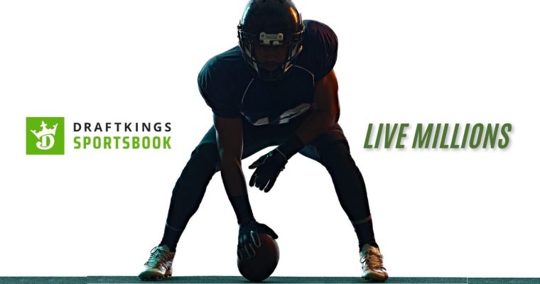 DraftKings Logo with Live Millions Text Together with Image of American Football Player in Hike Position