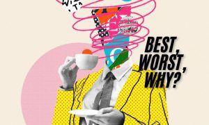 Concept Collage Image of Creative Person Wearing a Suit with "Best, Worst, Why?" Text