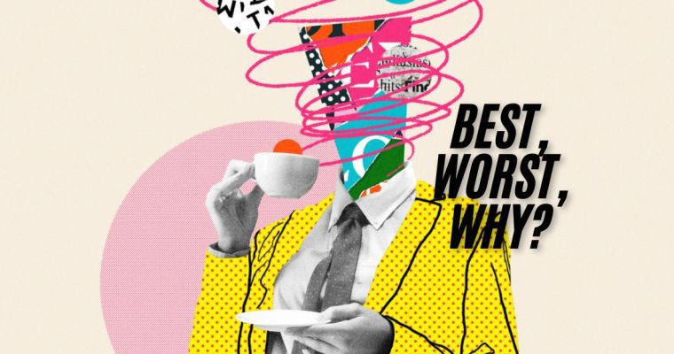 Concept Collage Image of Creative Person Wearing a Suit with "Best, Worst, Why?" Text