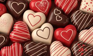 Heart-Shaped Brown, Red and White Valentine's Day Chocolates