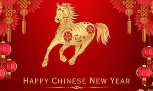 Illustration of Gold Horse with Happy Chinese New Year Text and Red Lanterns