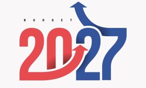 Stylized Red and Blue Font Reads Budget 2027 With Arrows Pointing Upward on 2 and 7