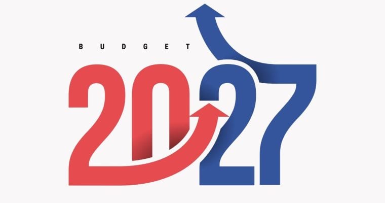 Stylized Red and Blue Font Reads Budget 2027 With Arrows Pointing Upward on 2 and 7