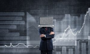 Financial Line Graph Background to Business Man with Laptop as Head