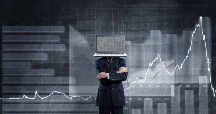 Financial Line Graph Background to Business Man with Laptop as Head