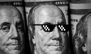 Benjamin Franklin on Cash Bills Wears Black & White Pixel Sunglasses