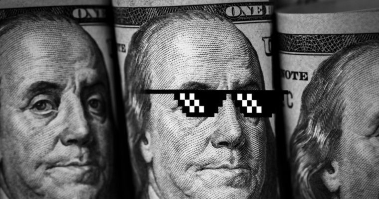 Benjamin Franklin on Cash Bills Wears Black & White Pixel Sunglasses