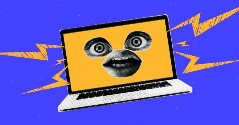 Laptop with Eyes and Mouth Has Surprised Expression On Blue Background