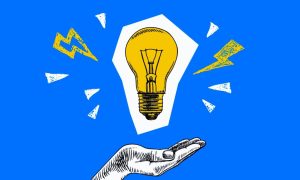 Bright Blue Background with Sketch of Open Hand and Hovering Yellow Light Bulb Above