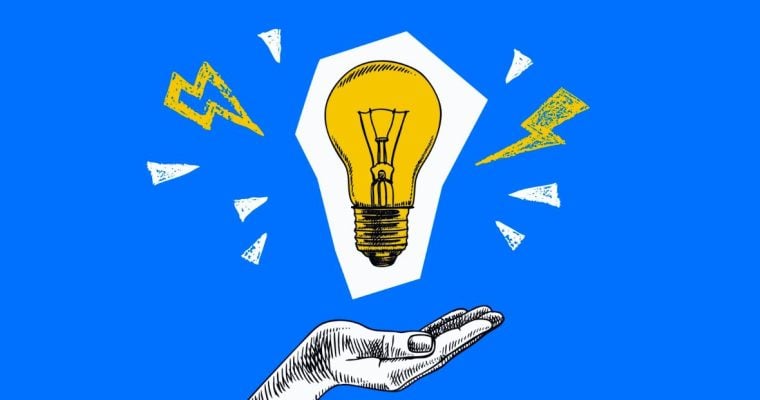 Bright Blue Background with Sketch of Open Hand and Hovering Yellow Light Bulb Above