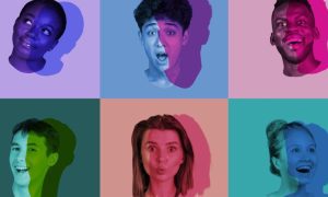 Men and Women Heads Inside Colored Squares Display Varying Expressions