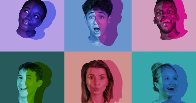 Men and Women Heads Inside Colored Squares Display Varying Expressions