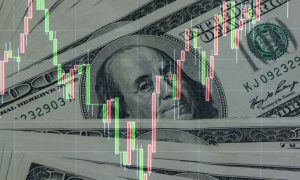 Red and Green Financial Graph Moves Up and Down Over Layed Out $100 Bills
