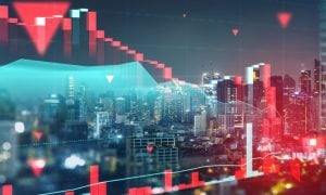 Cityscape at Night as Background with Red Financial Bar Graph Overlay