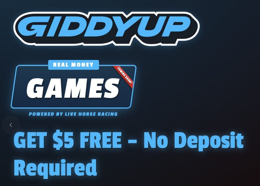 A screenshot showing the GiddyUp logo, as well as an advertisement for their $5 no-deposit bonus