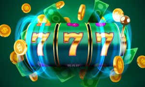 Green Slot Reel Displays Three Golden 7's with Gold Coins and Cash Flying Around