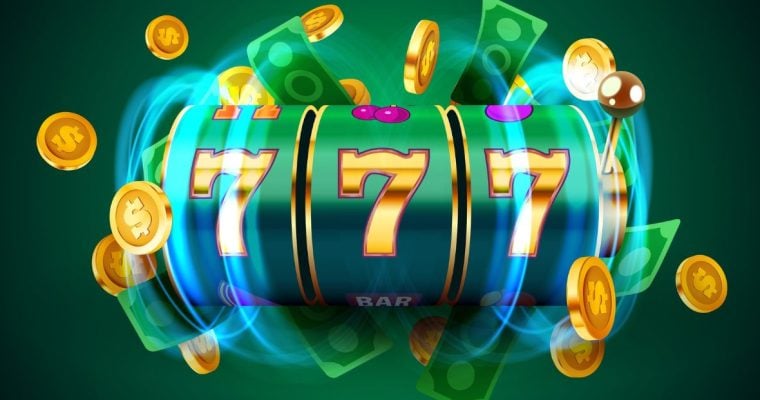 Green Slot Reel Displays Three Golden 7's with Gold Coins and Cash Flying Around