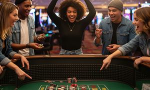 Five Friends Celebrate A Win at Casino Table Game with Chips