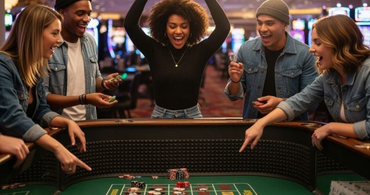 Five Friends Celebrate A Win at Casino Table Game with Chips