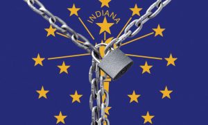 Indiana State Flag as Background to Metal Lock and Chain