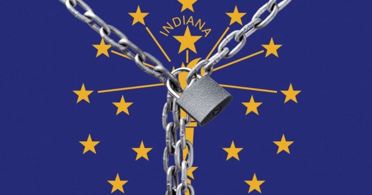 Indiana State Flag as Background to Metal Lock and Chain